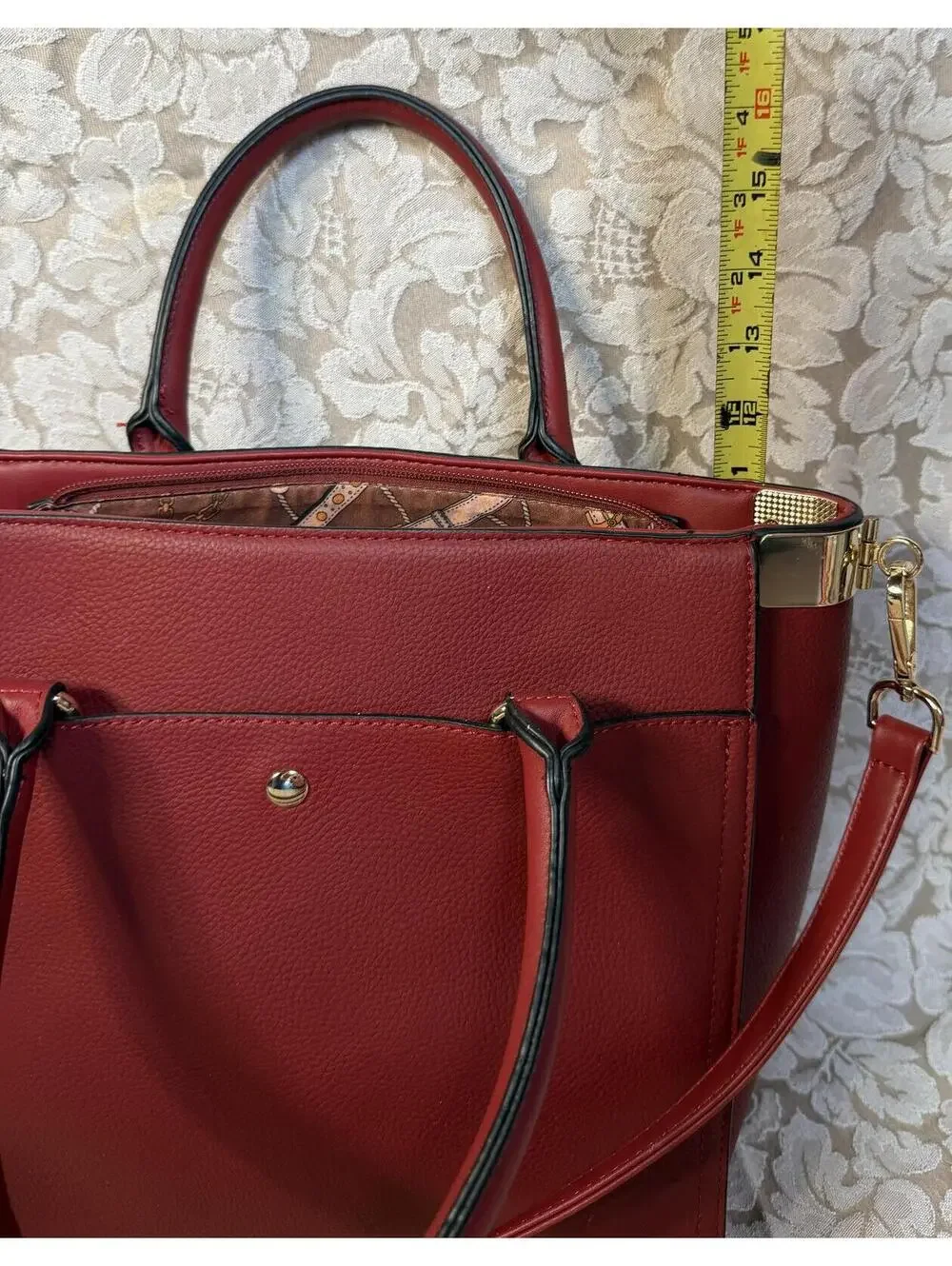 PURSE Red Faux Leather Tote Bag with Gold Accents